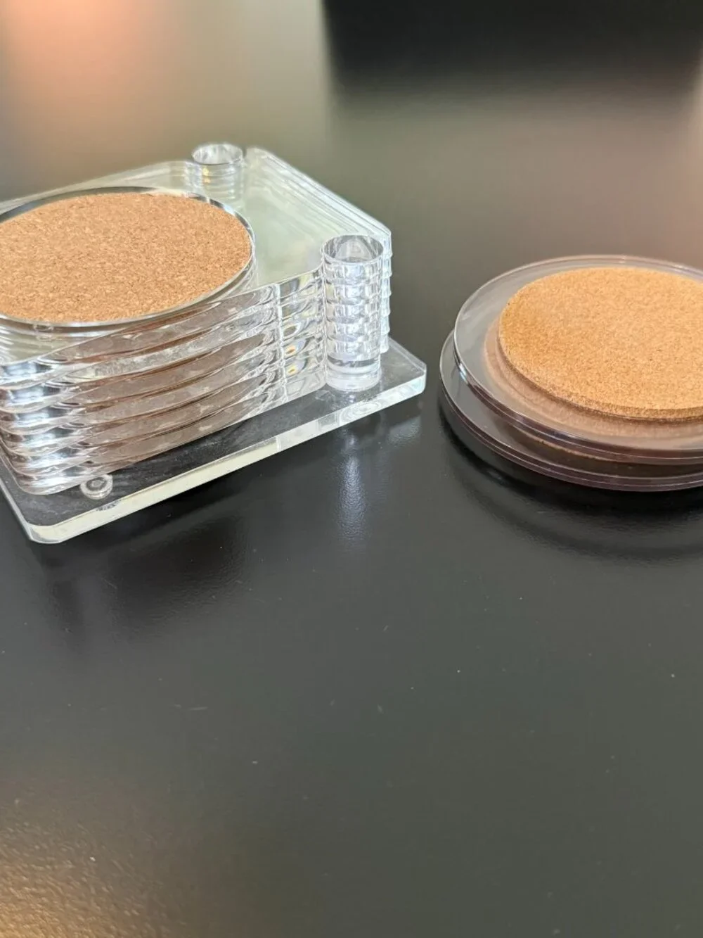 7 pc Vintage MCM Clear Lucite and Cork Coasters With Matching Caddy, + more
